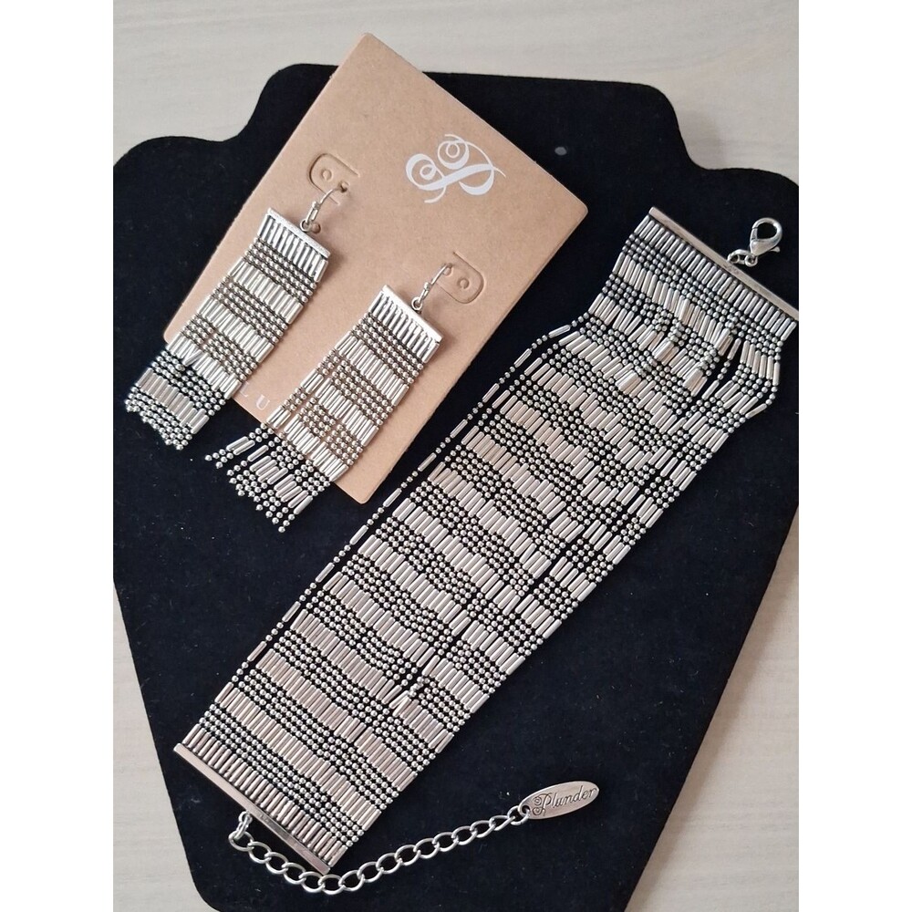 Plunder Silver Beaded Fringe Statement Earrings & Matching Cuff Bracelet Set NWT